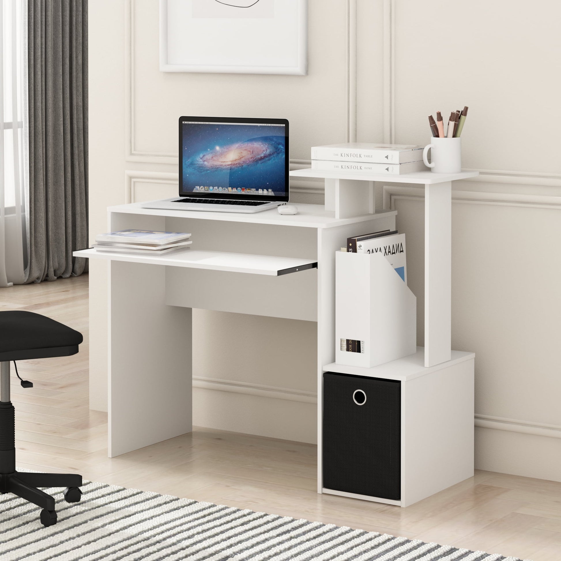Furinno ECON Gaming Desk with Keyboard Tray and Storage Bin in Plain White