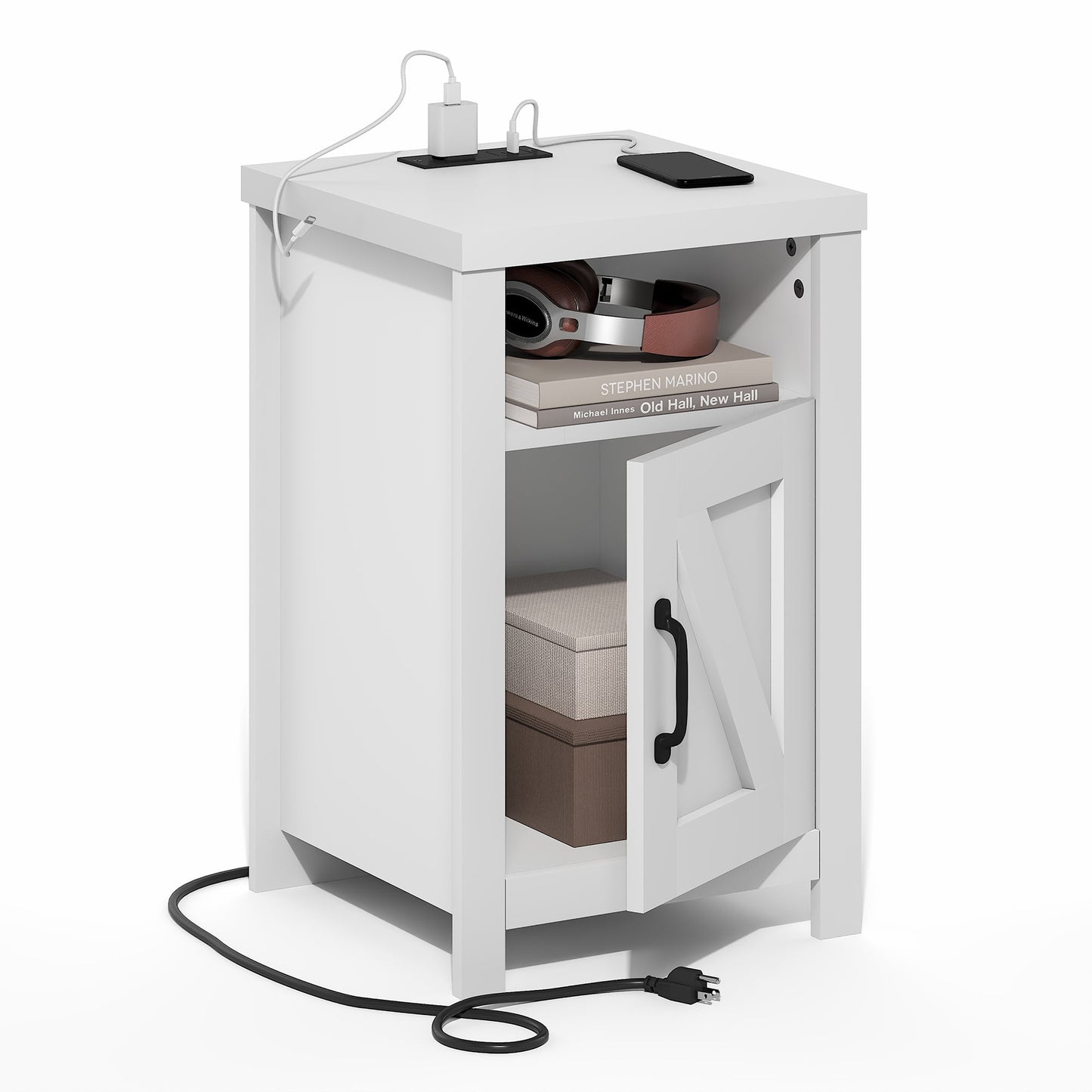 Furinno FARMHOUSE Night Stand w/ Charging USB & Outlets Bedside Table White