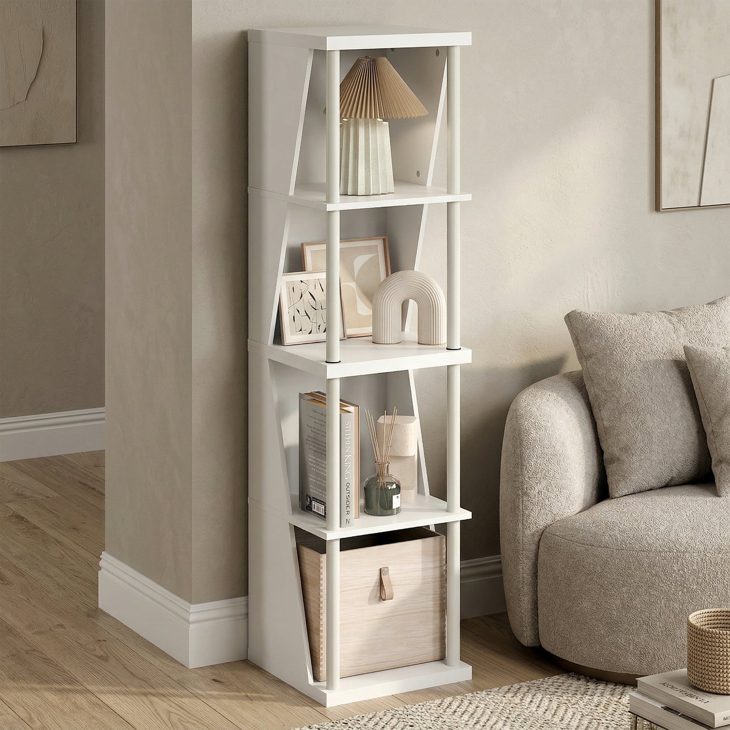 Furinno FLEXI Book Shelf, 4-Cube Bookshelf, Tall Standing Geometric Bookcase with DIY Stackable & Separable, 15 x 15 x 58.4, for Living Room, Home Office, Bedroom, White