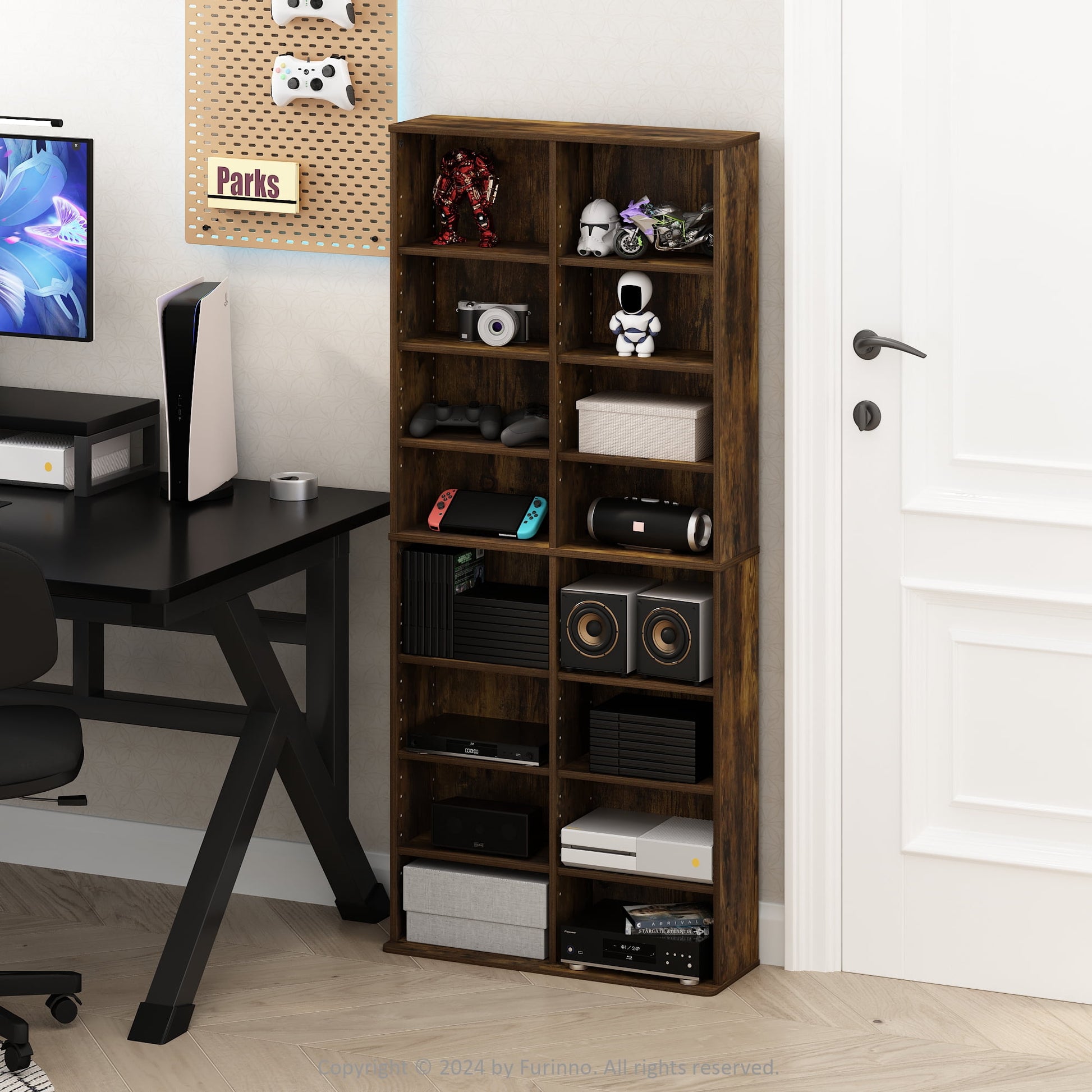 Furinno JAYA 16-Shelf Multimedia Media Storage Tower Rack with Adjustable Shelves, Amber Pine