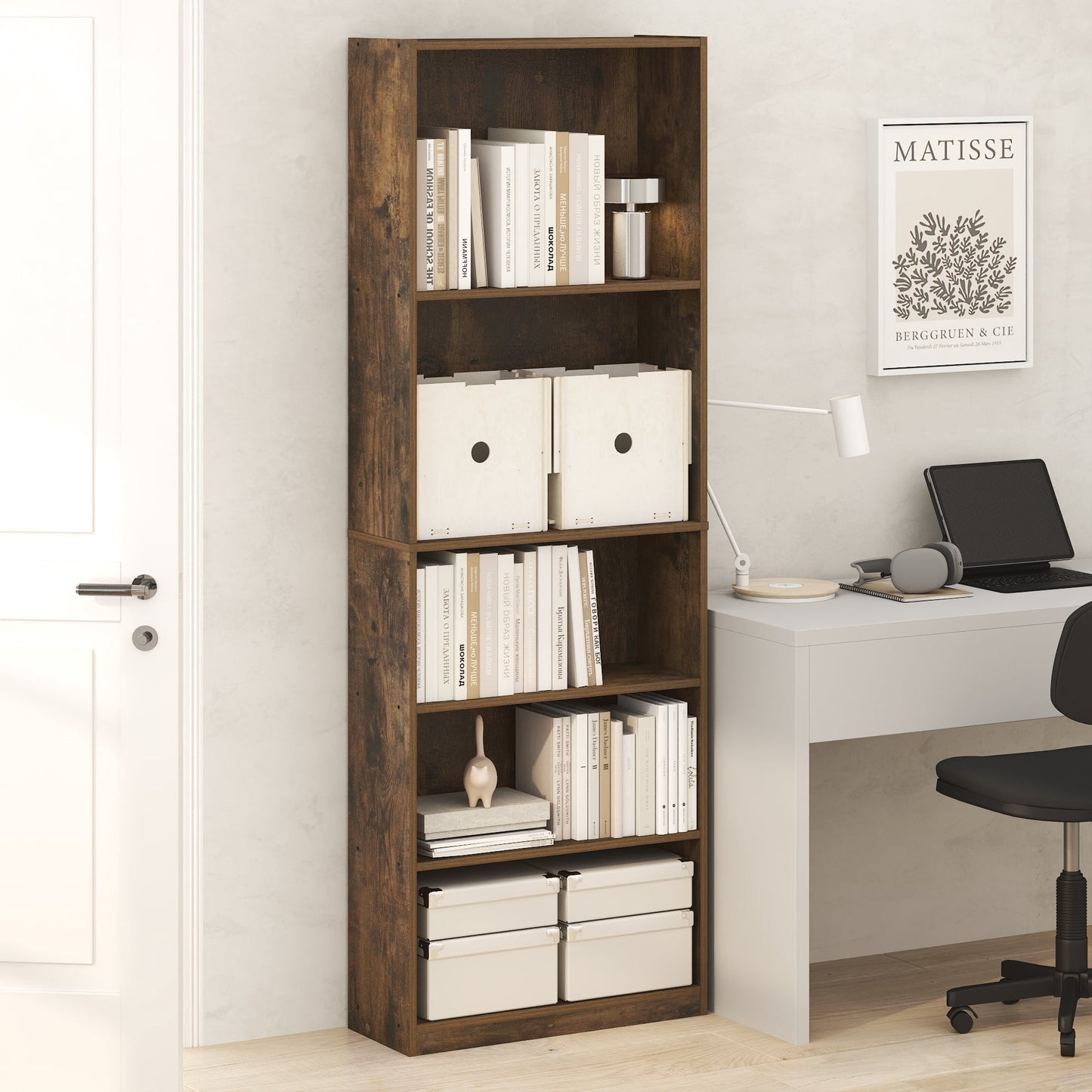 Furinno JAYA 5-Tier Tall Open Shelf Bookcase 9.5 x 24.6 x 71.1 Amber Pine