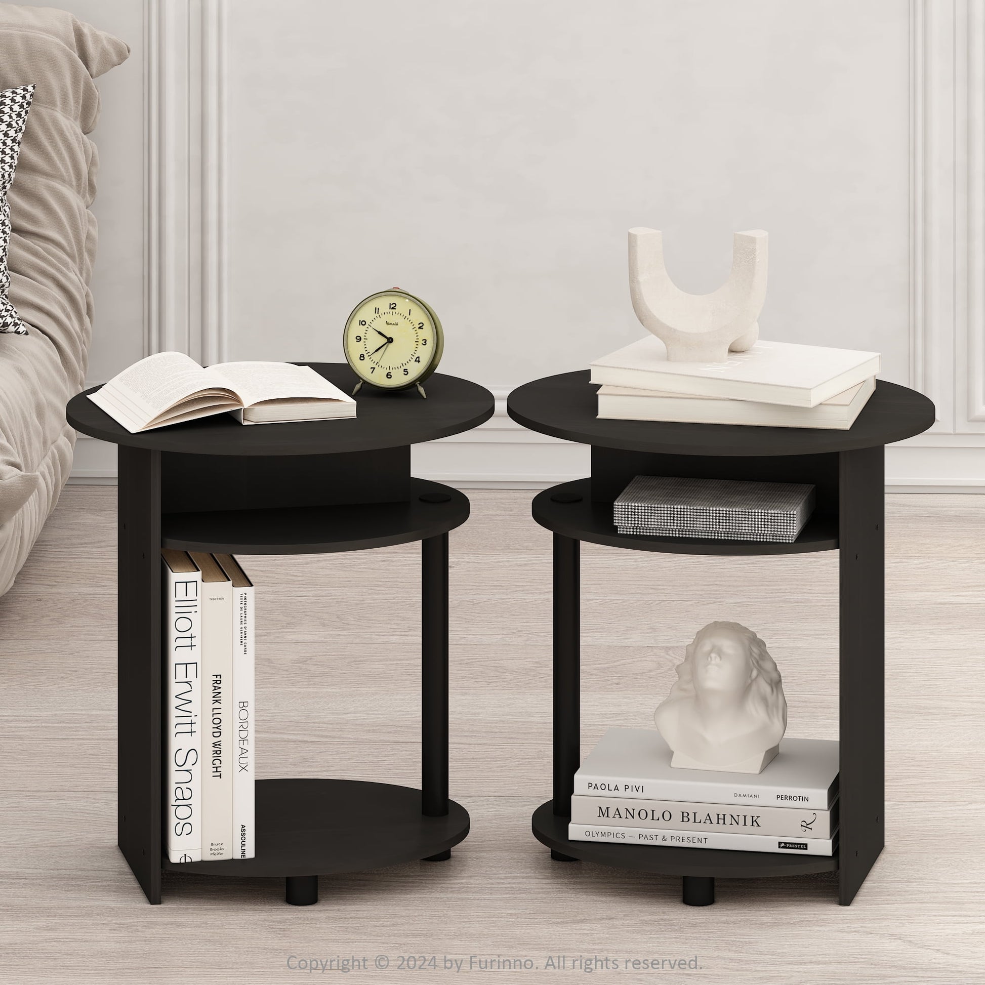 Furinno JAYA Simple Design Oval End Table, Side Table, Black Walnut, Set of 2