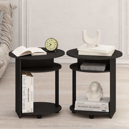 Furinno JAYA Simple Design Oval End Table, Side Table, Black Walnut, Set of 2