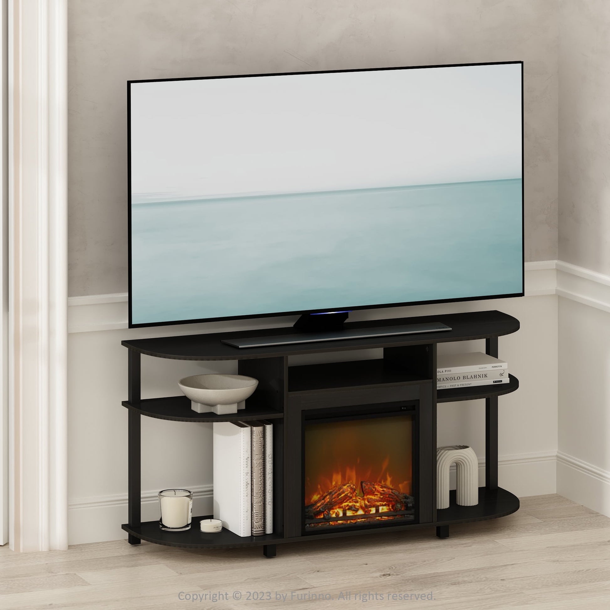 Furinno Jensen No Heat Decorative Electric Fireplace TV Stand, Entertainment Center for TV up to 55 Inch with Curved Open Storage, Americano