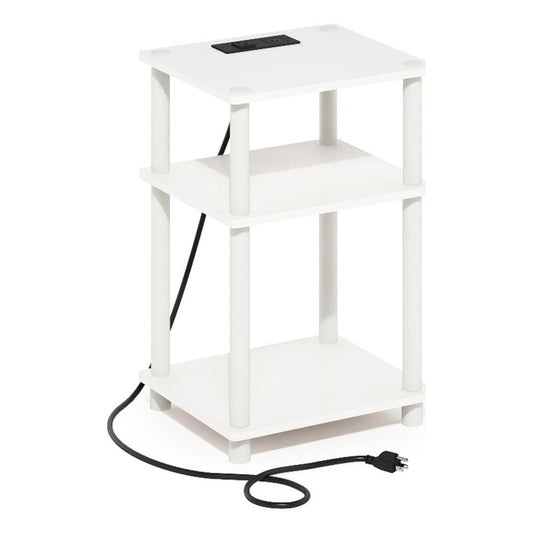 Furinno Just 3-Tier Turn-N-Tube Open Storage Side Table, End Table with USB and Type-C Charging Station, White/White