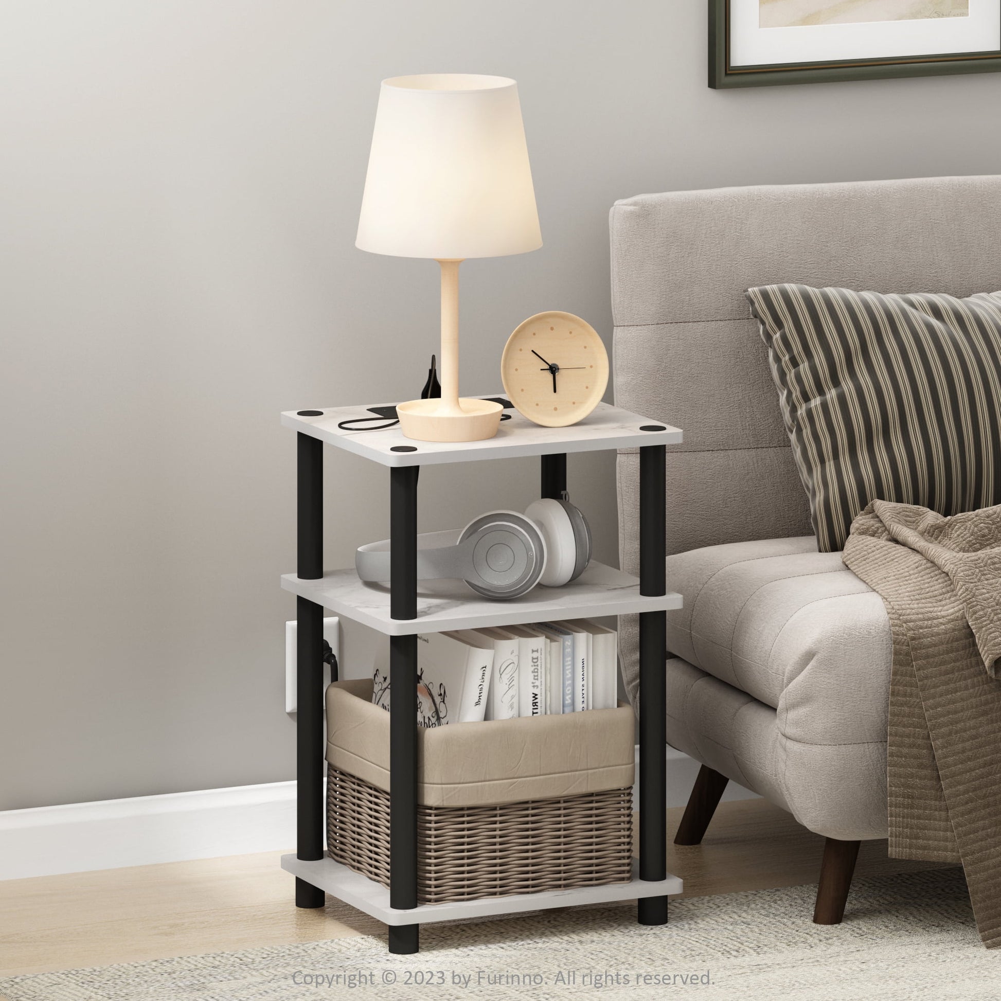Furinno Just 3-Tier Turn-N-Tube USB and Type-C Charging Port End Table with Open Storage, Marble White/Black