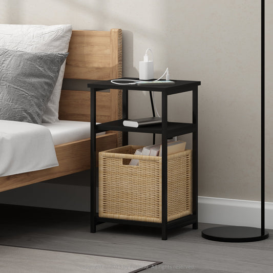 Furinno Moretti 3-Tier USB and Type-C Charging Port Open Storage Side Table with Metal Frame, Americano
