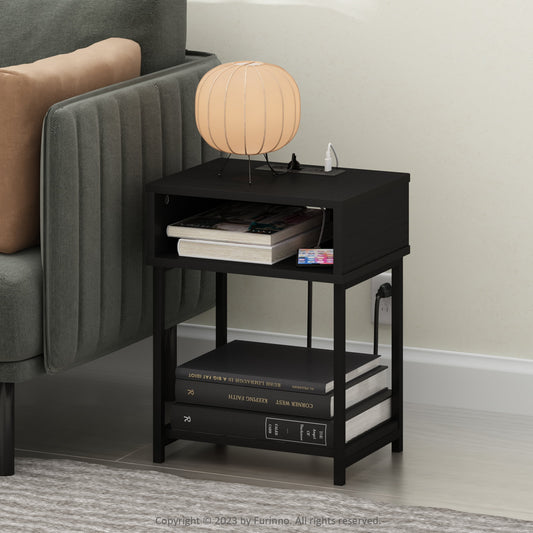 Furinno Moretti USB and Type-C Charging Port Open Storage Side Table with Metal Frame, Americano