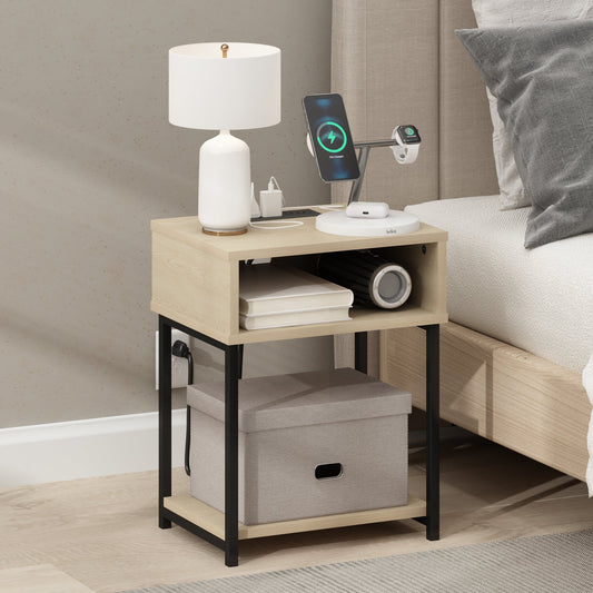 Furinno Moretti USB and Type-C Charging Port Open Storage Side Table with Metal Frame, Bauhaus Oak