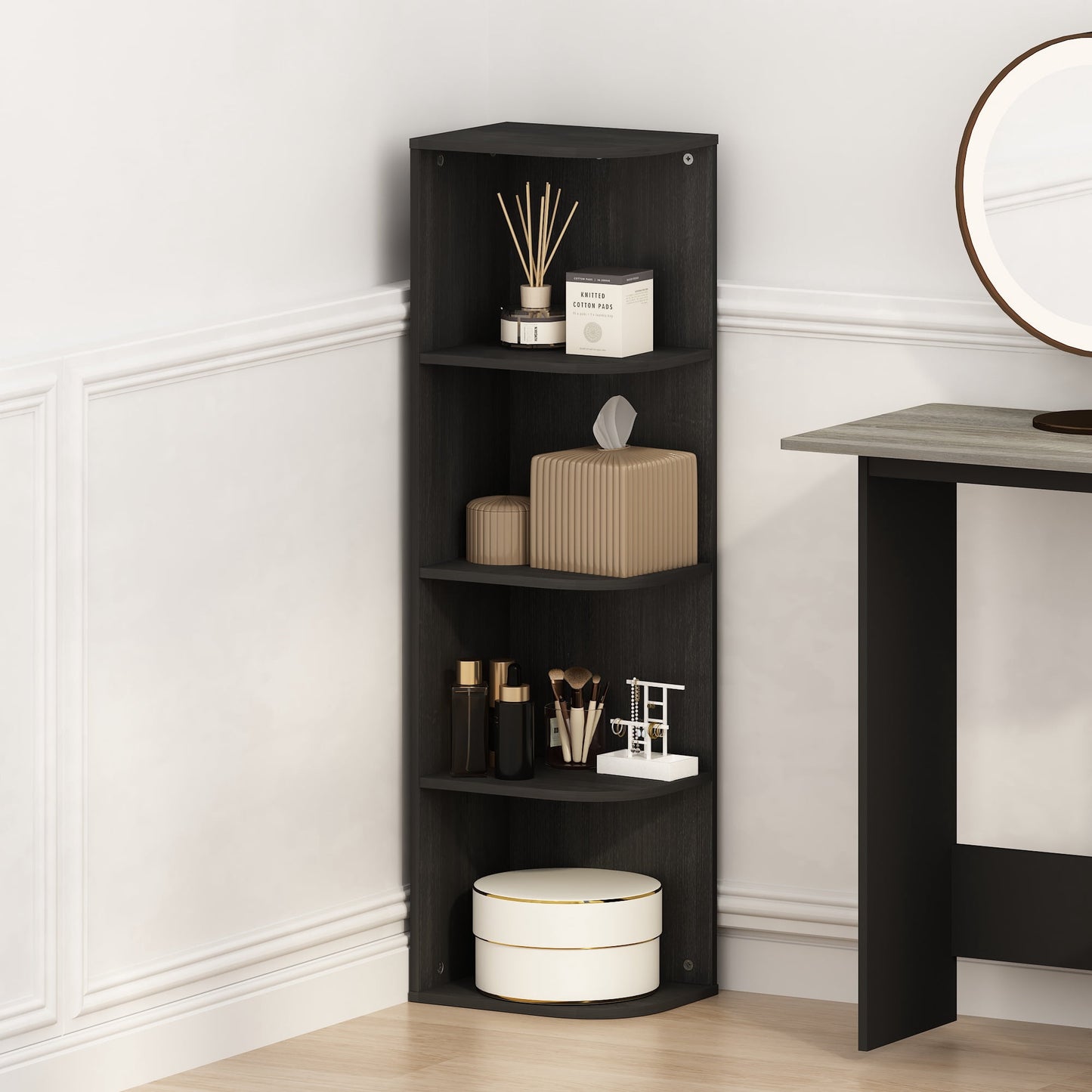 Furinno Reed 4-Tier Space Saving Corner Storage Display Shelf, Bookshelf, Blackwood