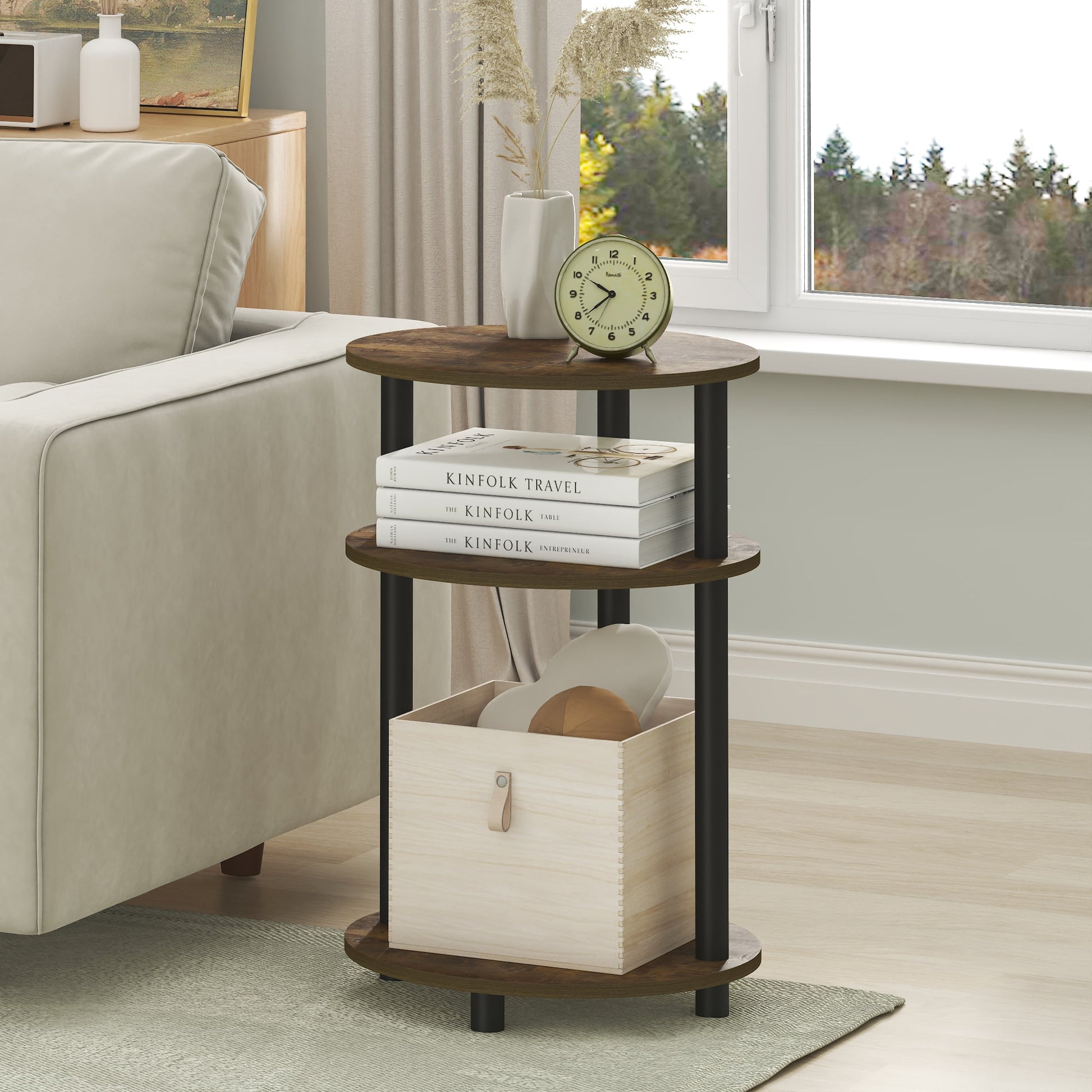 Furinno TURN-N-TUBE 3-Tier Oval End Table Night Stand Amber Pine/Black