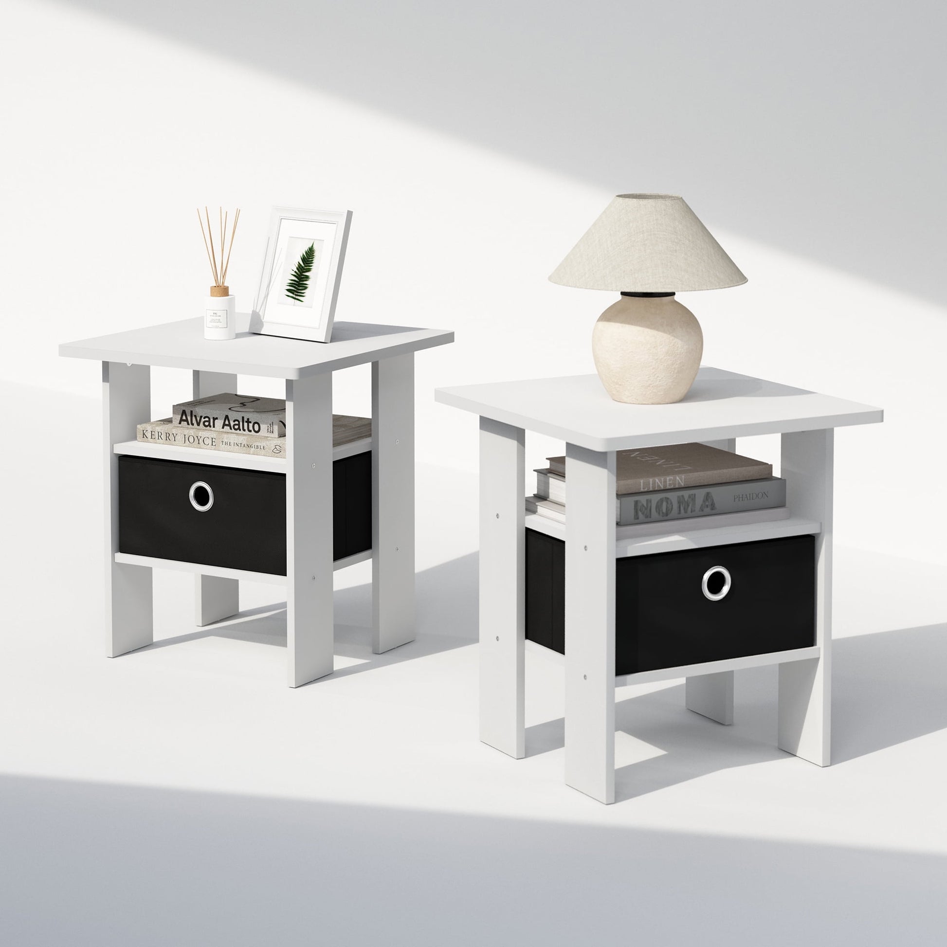 Furinno Tidur Bedside Table Nightstand with Bin Drawer, White/Black, Set of 2