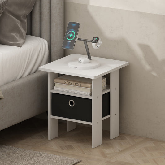 Furinno Tidur Bedside Table Nightstand with Bin Drawer, White/Black