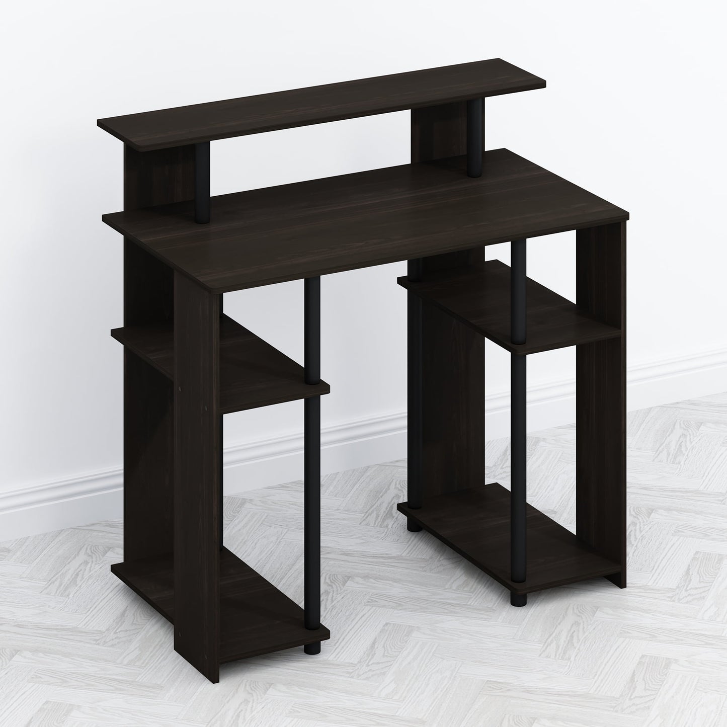 Furinno Tomi Computer Writing Desk with Hutch and Shelves, Walnut