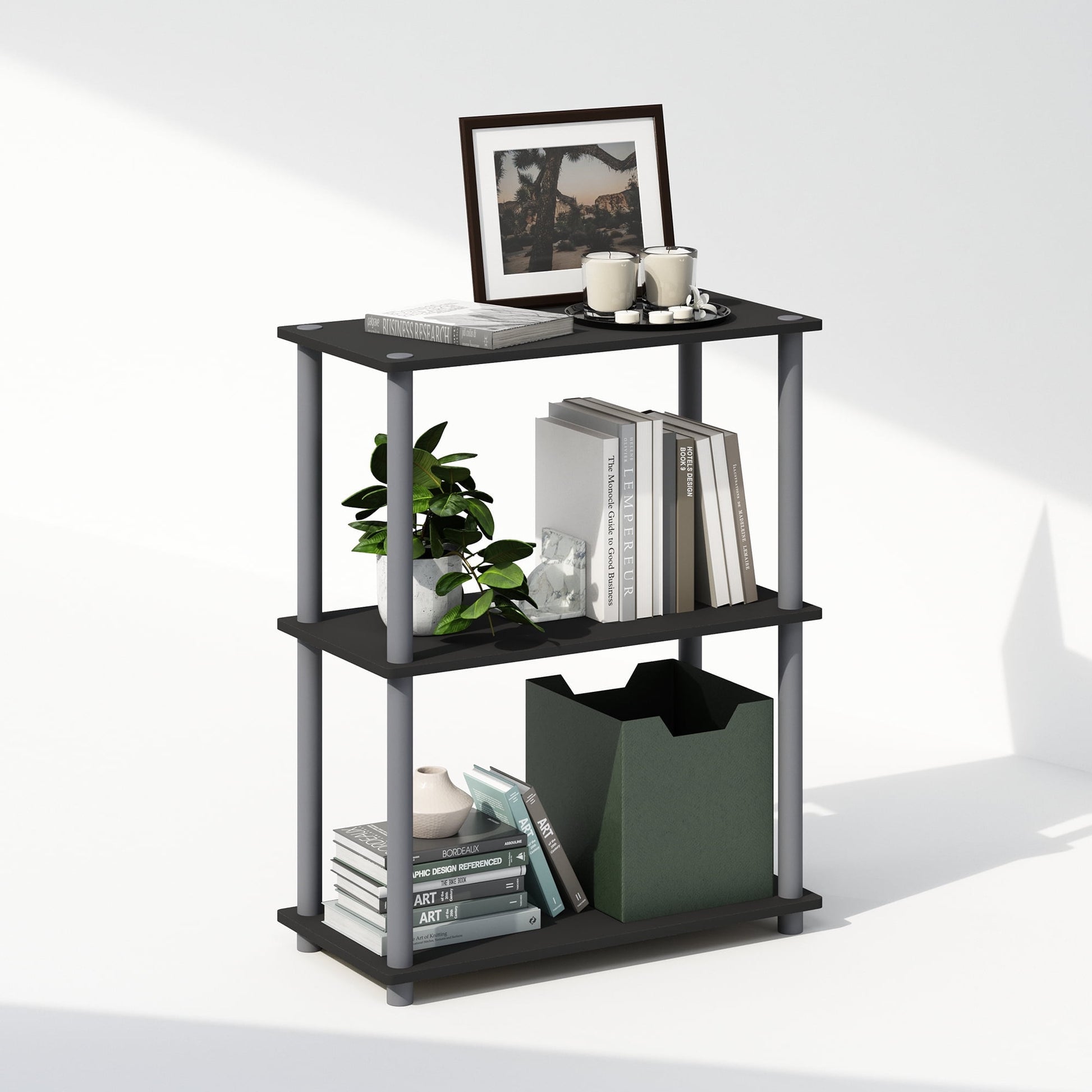 Furinno Turn-N-Tube 3-Tier Multipurpose Compact Display Rack, Shelving Unit, Bookcase, Black/Grey