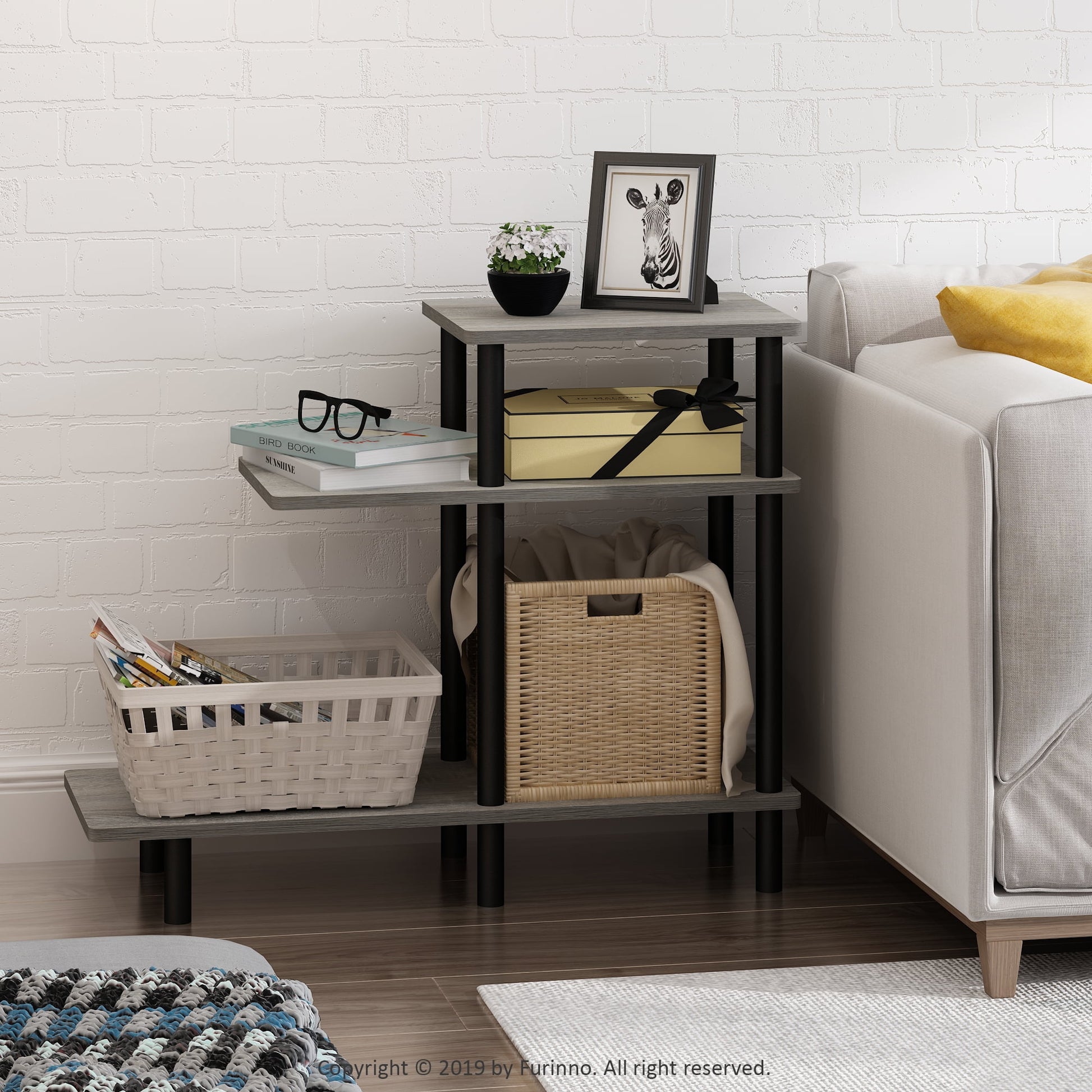 Furinno Turn-N-Tube 3-Tier Sofa Side Table, French Oak/Black
