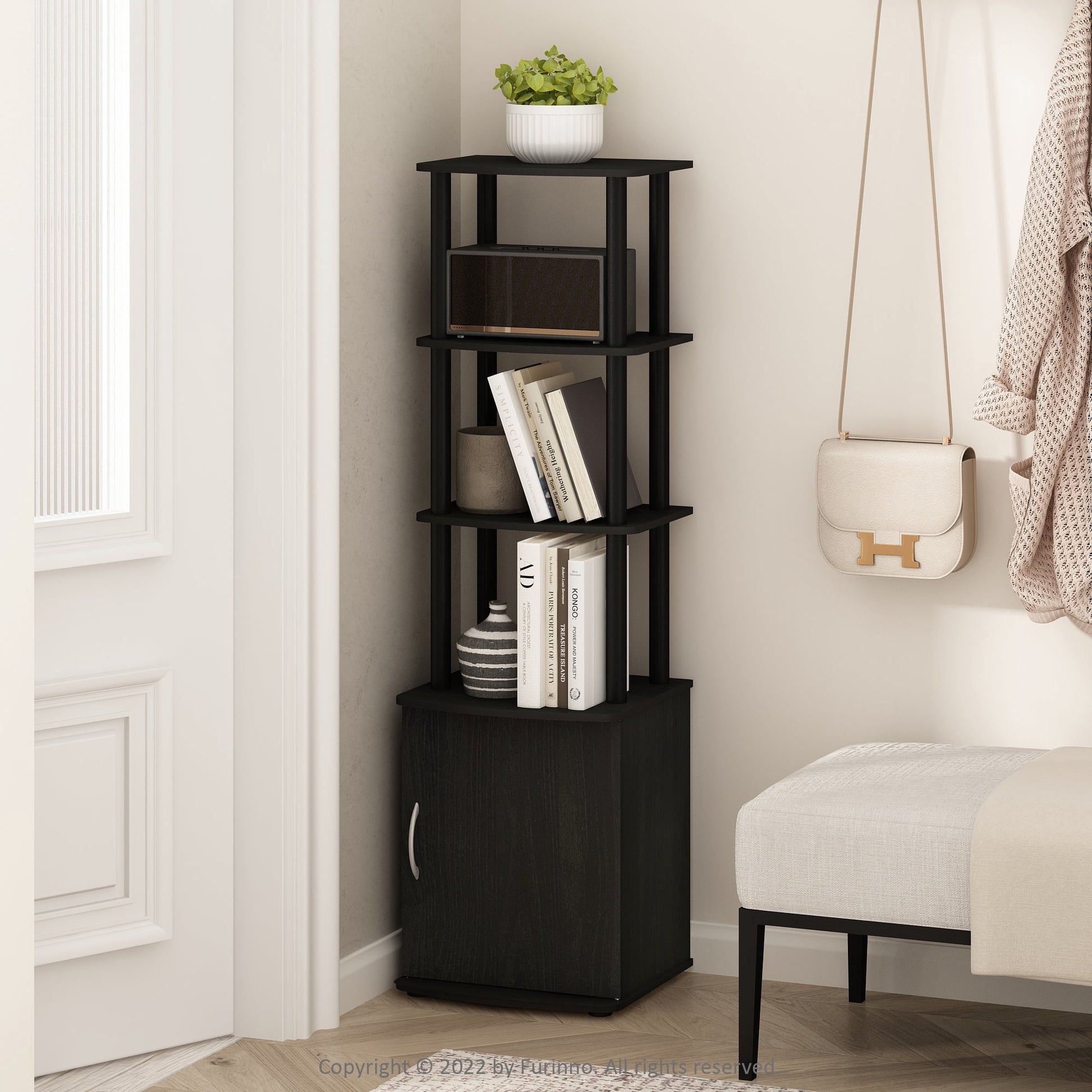 Furinno Turn-N-Tube 3-Tier Tall TV Entertainment Side Table Display Rack with Storage Cabinet, Blackwood/Black
