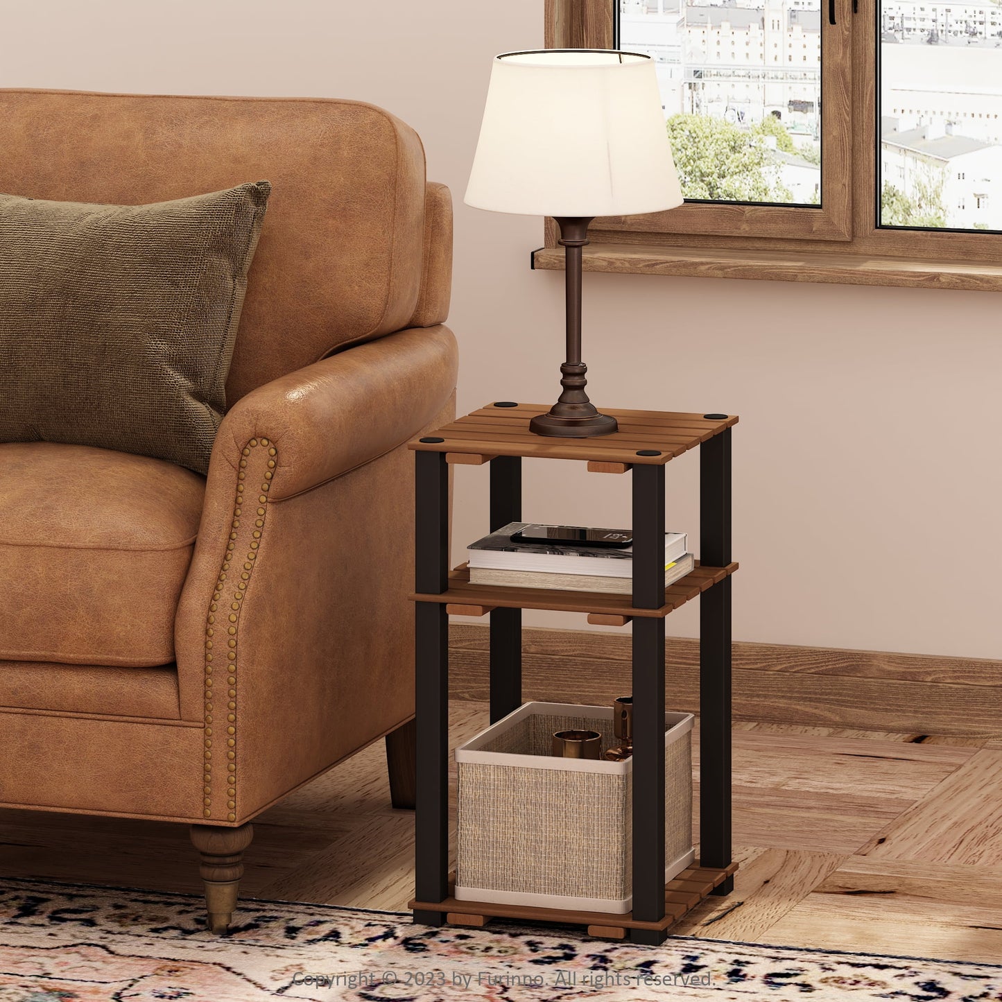 Furinno Turn-N-Tube 3-Tier Wood Slat End Table with Open Shelves, Natural/Black