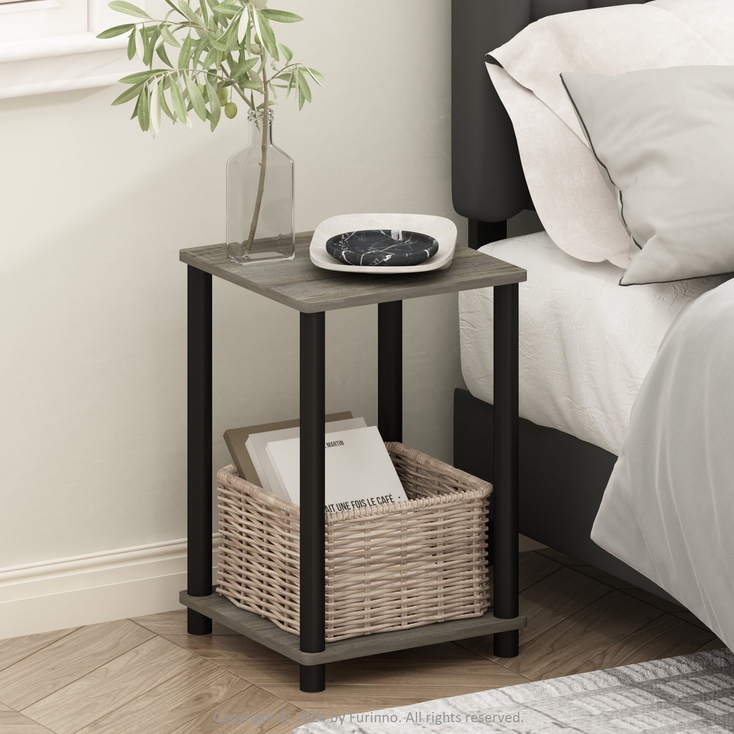 Furinno Turn-N-Tube Nightstand, Bedside Table, French Oak/Black