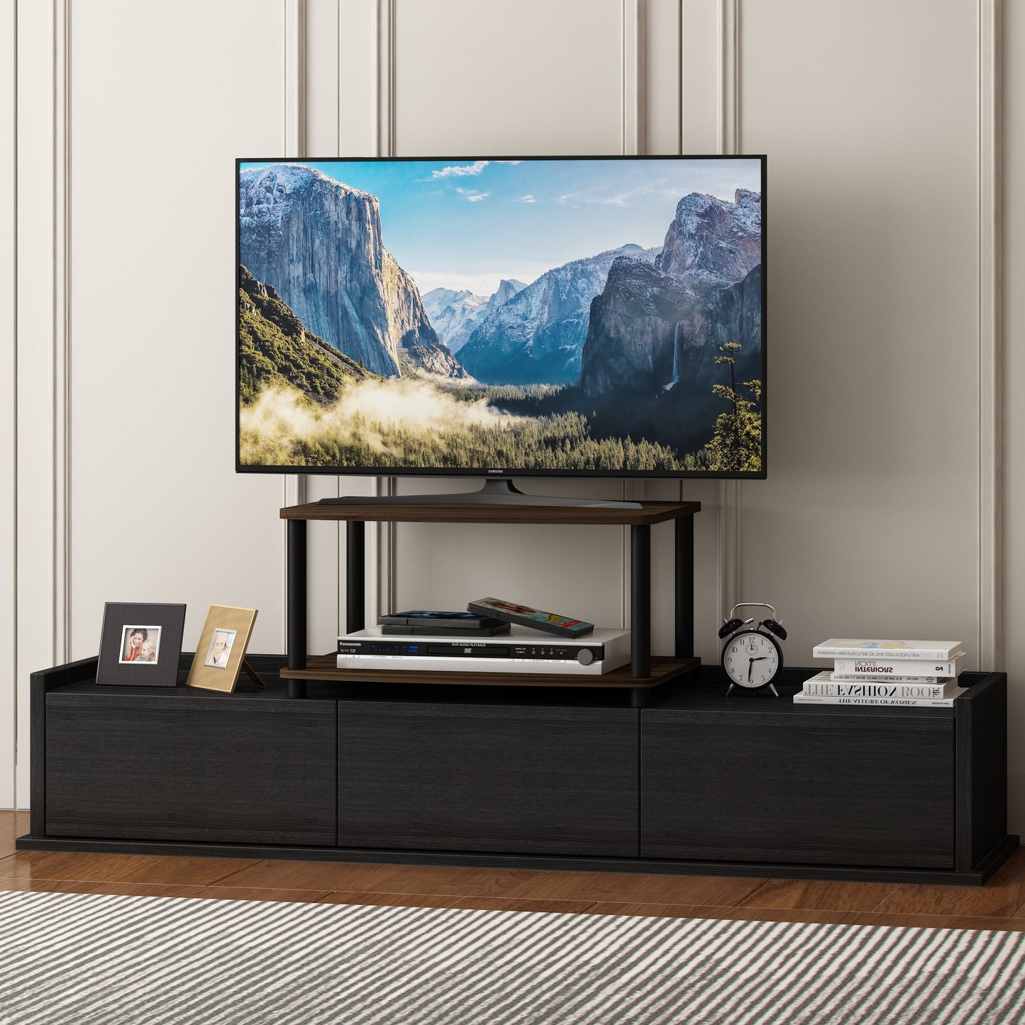 Furinno Turn-N-Tube No Tools 2-Tier Elevated TV Stand, Columbier Walnut/Black