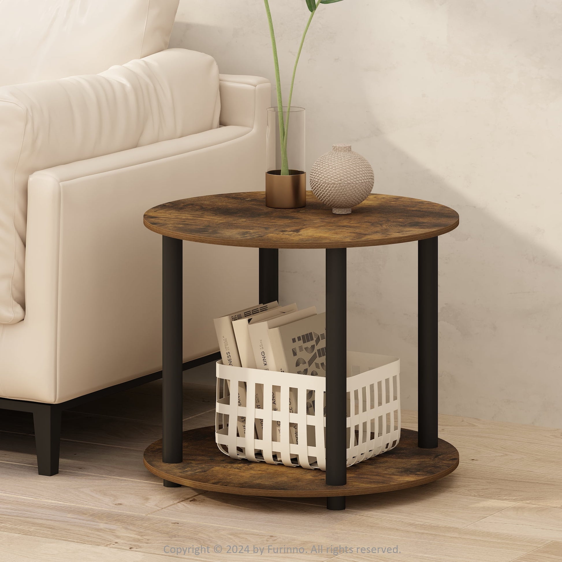 Furinno Turn-N-Tube Simple Design 2-Tier Round Wooden Side End Table, Amber Pine