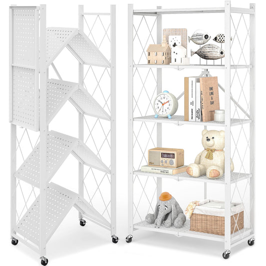Furnibear 5-Tier Folding Storage Shelves with Wheels, Foldable Metal Rack, Collapsible Shelves for Garage, Kitchen, Basement, White