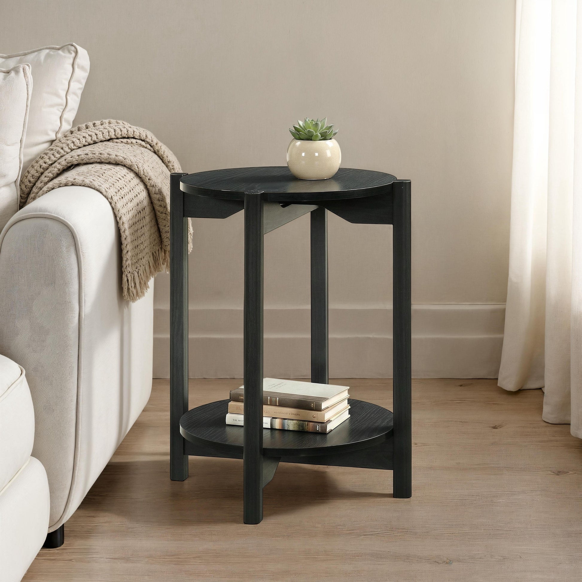 Furniture of America Afra Modern Wood Round End Table with Open Bottom Shelf, Walnut