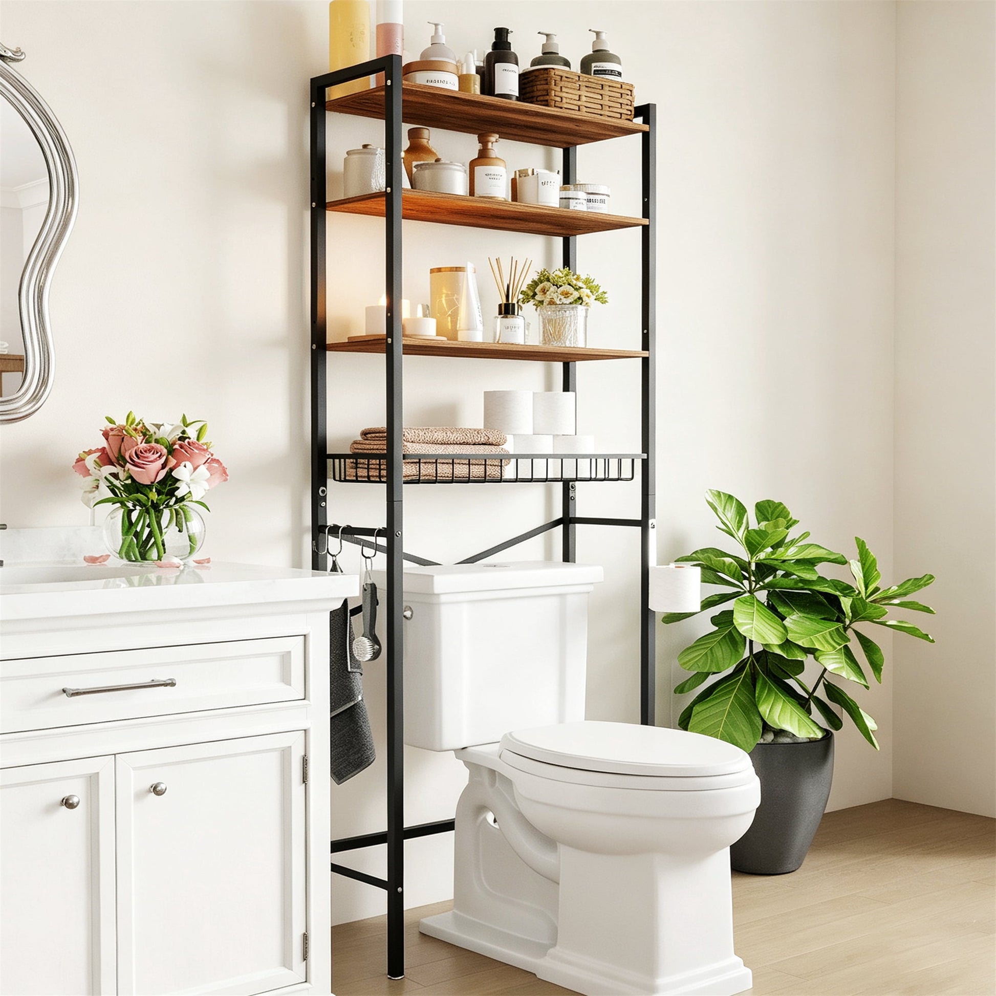 GARITIN Over The Toilet Storage Shelf, 4-Tier Bathroom Organizer with Hooks & Toilet Paper Holder, Over Toilet Storage Rack for Small Bathroom, Black