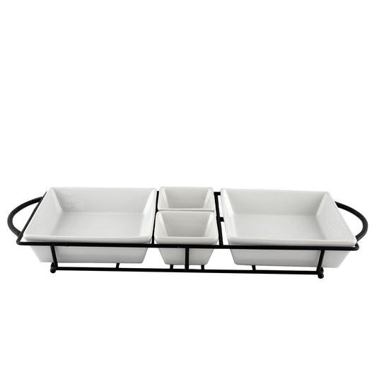 GB Gracious Dining 5 Piece Serving Set With Metal Rack in White Porcelain