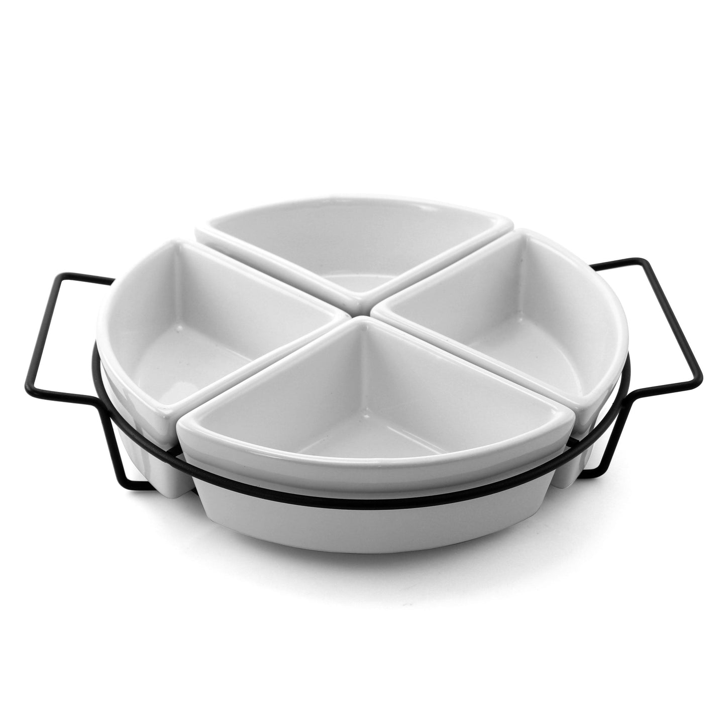 GB Gracious Fine Ceramic Dining Four Section Tray Set with Metal Rack in White