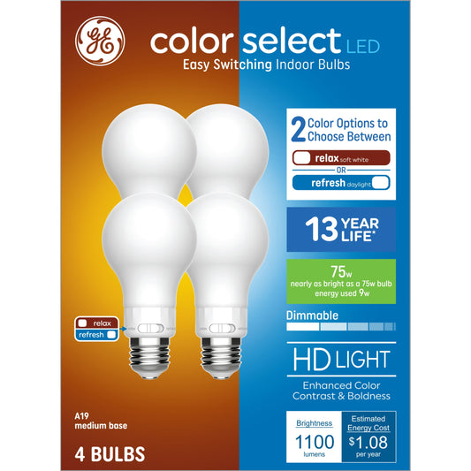 GE Color Select LED Light Bulbs, 75 Watt, A19 Bulbs, Medium Base, 4pk