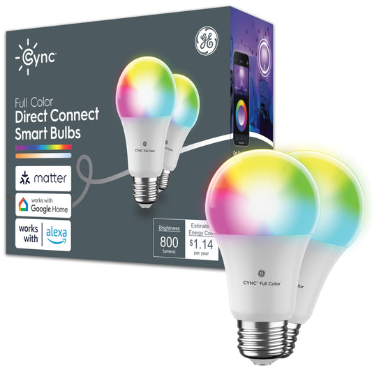 GE Cync A19 Smart LED Light Bulb, Color Changing Indoor DÃ©cor Lights, 60 Watts, Medium Base, 2 pack