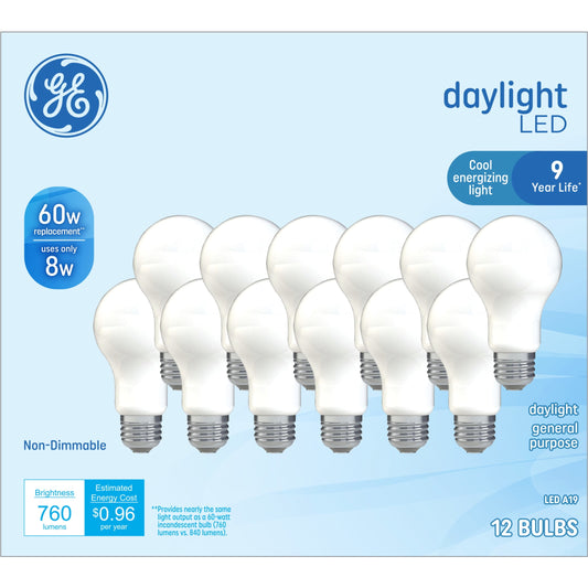 GE LED Light Bulbs, 60 Watt, Daylight, A19 Bulbs, Medium Base, Frosted Finish, 9yr, 12 Pack