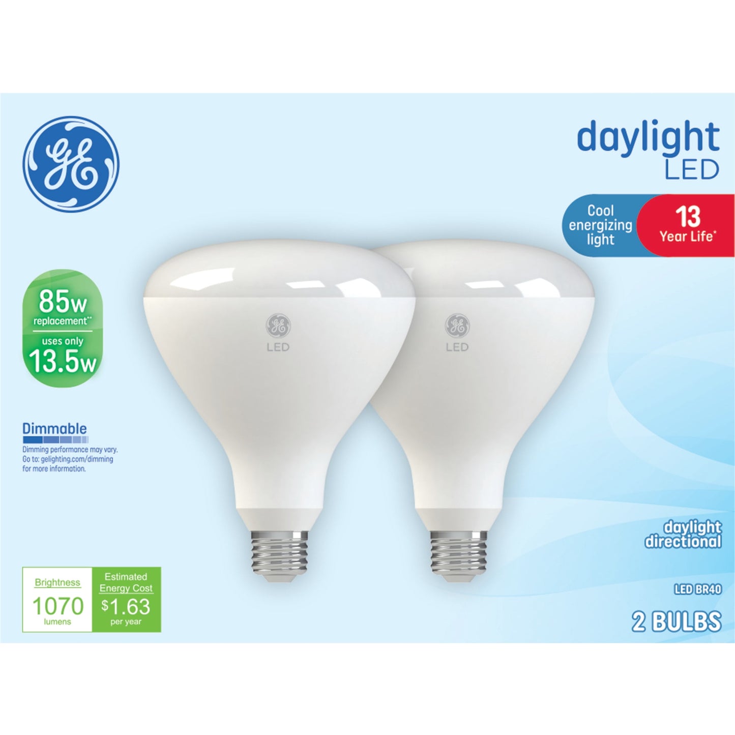 GE LED Light Bulbs, 85 Watt, Daylight, BR40 Floodlights, Medium Base, Frosted Finish, 13yr, 2pk