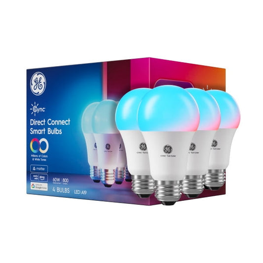 GE Cync A19 Smart LED Light Bulb, Color Changing Indoor DÃ©cor Lights, 60 Watts, Medium Base, 2pk