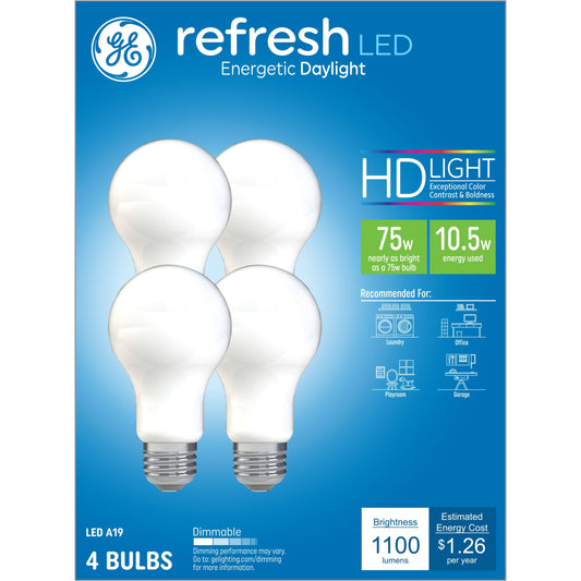 GE Refresh HD LED 75 Watt Replacement, Daylight, A19 General Purpose Bulbs (4 Pack)