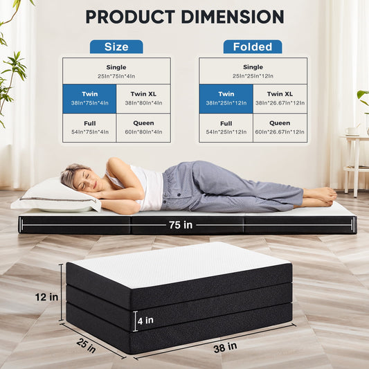 Gianna 4" Full Size Tri-fold Memory Foam Mattress, Foldable Mattress