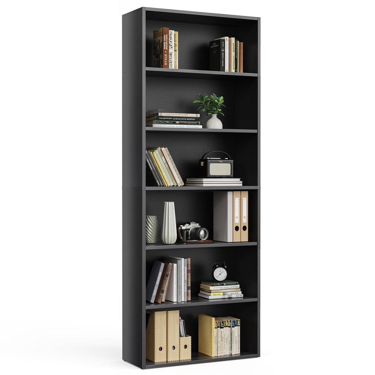 GIANNA 6-Shelf Bookcase, Floor Standing Storage Shelves, Black