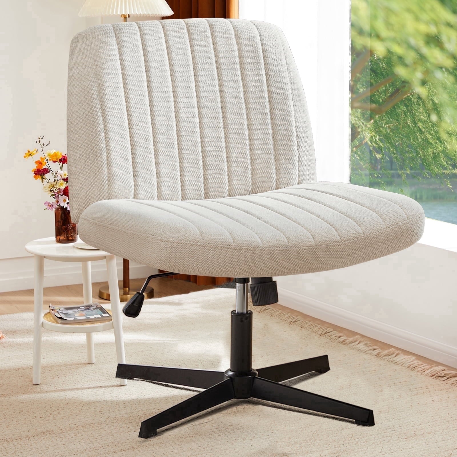 Armless Criss Cross Legged Office Chair, Desk Chair No Wheels, Fabric, Beige