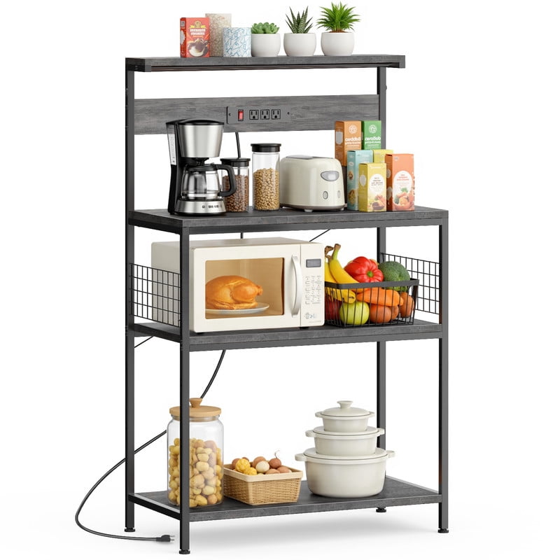 GIANNA Bakerâ€™s Rack with Power Outlet, 4-Tier Kitchen Coffee Bar and Microwave Stand, Storage Organizer, 31.5 Inch, Gray