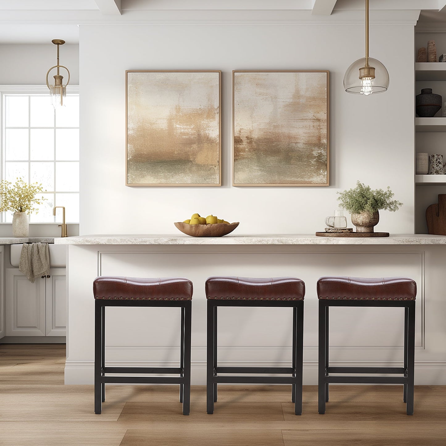 GIANNA Bar Stools Set of 2, Modern Counter Height 24 Inch Bar Stools, Metal Base, PU Leather, For Kitchen, Living Room, Brown