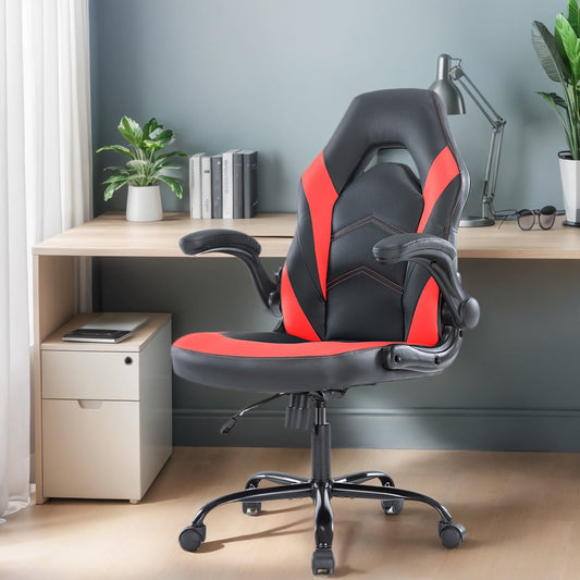 GIANNA Ergonomic PU Leather Computer Gaming Chair, Adjustable Swivel Racing Chair with Flip-up Armrest, Black Blue