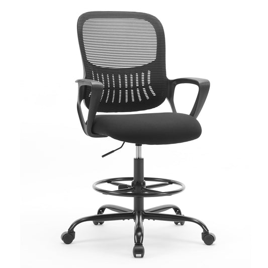 GIANNA Ergonomic Tall Mesh Office Chair with Adjustable Foot Ring, Storable Lumbar Support, Armrests, and Mid-Back Design â€“ High Task Chair with Wheels, Black