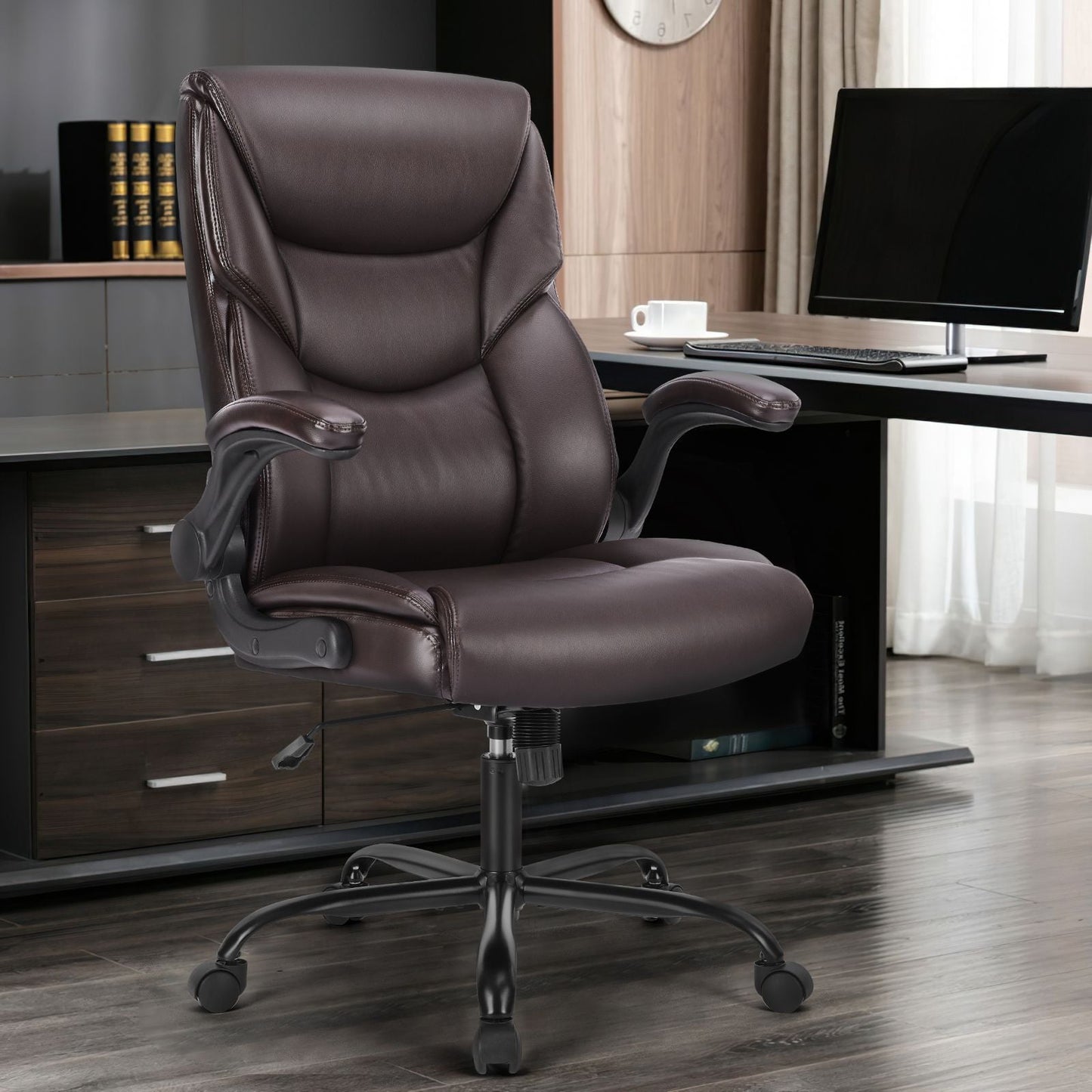 GIANNA Silla de Oficina ErgonÃ³mica para Computadora y Juegos de Alta Resistencia, con Ruedas, Brazos Abatibles, Altura Ajustable, Cuero PU, MarrÃ³n