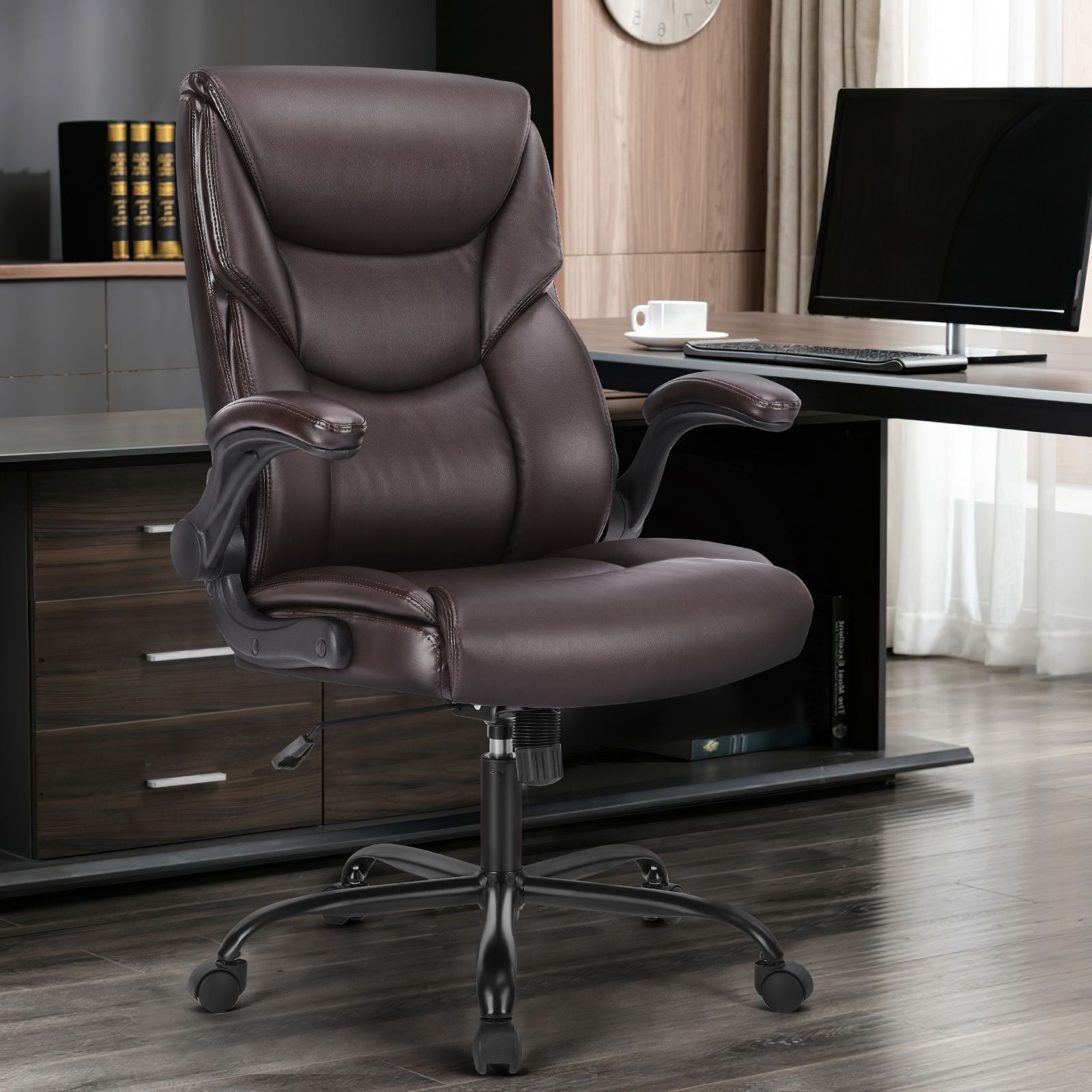 GIANNA Silla de Oficina ErgonÃ³mica para Computadora y Juegos de Alta Resistencia, con Ruedas, Brazos Abatibles, Altura Ajustable, Cuero PU, MarrÃ³n