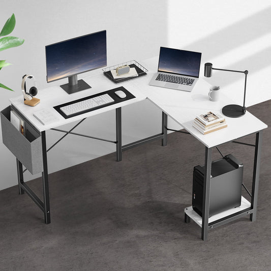 GIANNA L Shaped Computer Desk with Wooden Desktop CPU Stand Side Bag Reversible, White