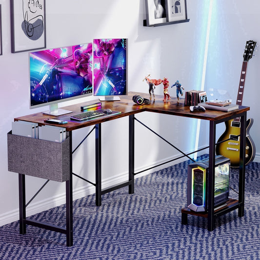 CONCETTA L Shaped Gaming Desk with Wooden Desktop CPU Stand Side Bag Reversible for Home Office Small Space, Rustic Brown