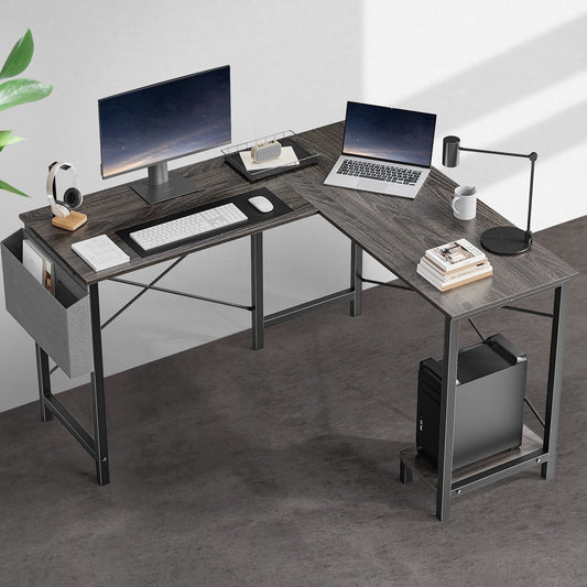 edx Modern L Shaped Office Desk with Wood Surface, Storage Bag and CPU Holder, White