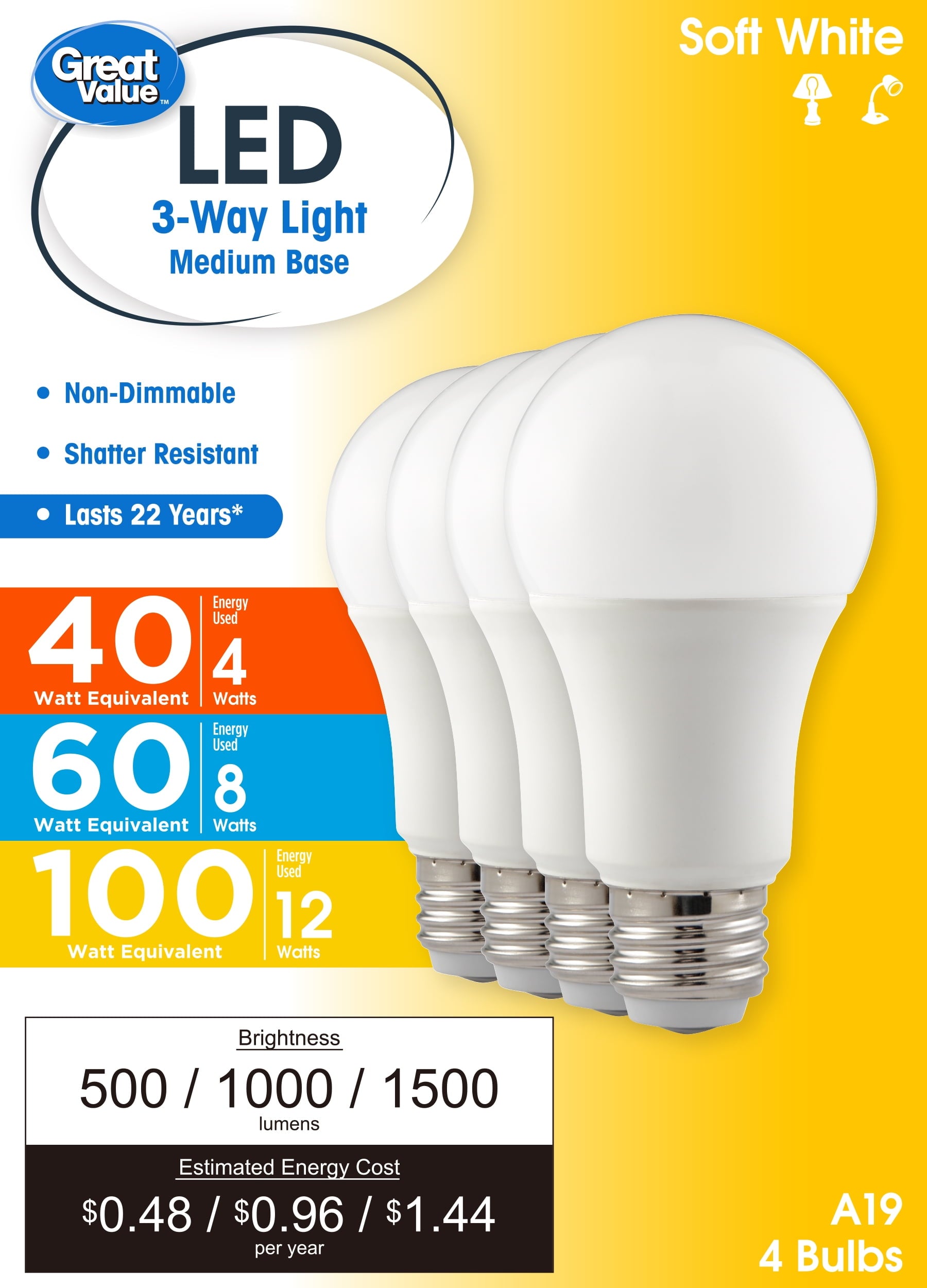 Great Value A19 3-Way LED Light Bulb, 40/60/100 Watts Tunable, Soft White, E26 Medium Base (4 Pack)