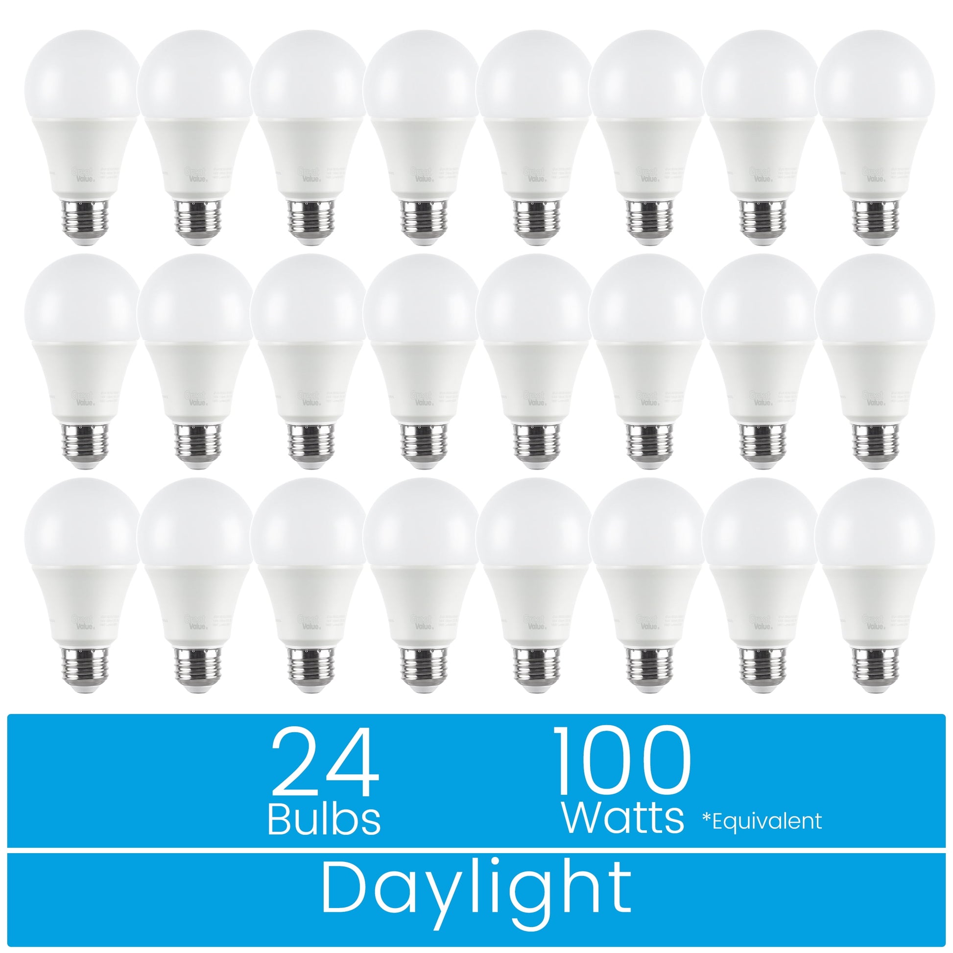Great Value 18YR A19 LED Light Bulb, 14W (100W Equivalent) Dimmable Daylight E26 Medium Base, 24 Pack